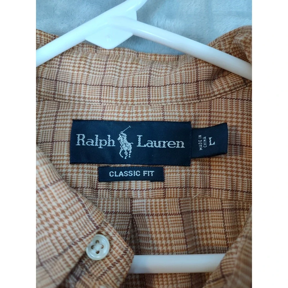 Polo‎ Ralph Lauren Classic Fit Glen Plaid Button Down Shirt Mens Large Tan Brown
